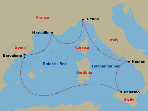 6 Night - Mediterranean - MSC Seashore - Starting in Barcelona, Spain, Marseille (Provence), France, Genoa (Portofino), Italy, Naples (Pompeii), Italy, Palermo (Monreale), Italy, Barcelona, Spain itinerary map