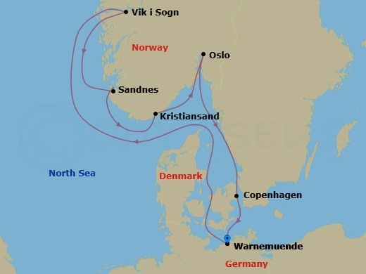 7 Night - Northern Europe - MSC Splendida - Starting in Warnemunde (Berlin), Germany, Vik I Sogn, Norway, Sandnes, Norway, Kristiansand, Norway, Oslo, Norway, Copenhagen, Denmark, Warnemunde (Berlin), Germany itinerary map