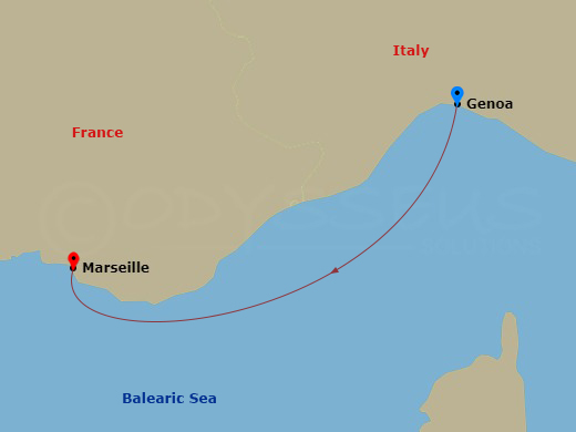 1 Night - Mediterranean - MSC Magnifica - Starting in Genoa (Portofino), Italy, Marseille (Provence), France itinerary map