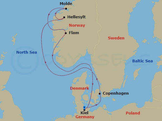 7 Night - Northern Europe - MSC Euribia - Starting in Kiel, Germany, Copenhagen, Denmark, Hellesylt, Norway, Molde, Norway, Flam, Norway, Kiel, Germany itinerary map