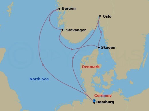 7 Night - Northern Europe - MSC Preziosa - Starting in Hamburg, Germany, Bergen, Norway, Stavanger (Lysefijord), Norway, Skagen, Denmark, Oslo, Norway, Hamburg, Germany itinerary map