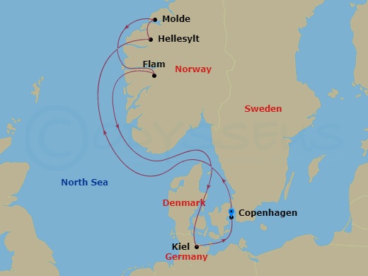 7 Night - Northern Europe - MSC Euribia - Starting in Copenhagen, Denmark, Hellesylt, Norway, Molde, Norway, Flam, Norway, Kiel, Germany, Copenhagen, Denmark itinerary map