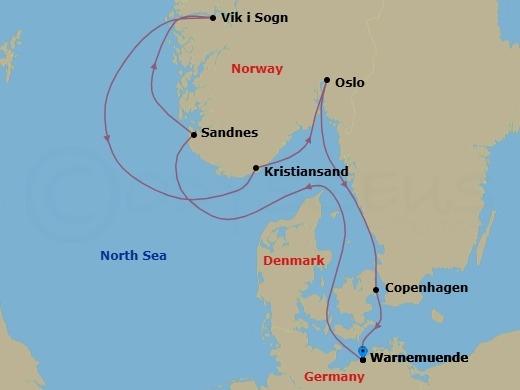7 Night - Northern Europe - MSC Splendida - Starting in Warnemunde (Berlin), Germany, Sandnes, Norway, Vik I Sogn, Norway, Kristiansand, Norway, Oslo, Norway, Copenhagen, Denmark, Warnemunde (Berlin), Germany itinerary map