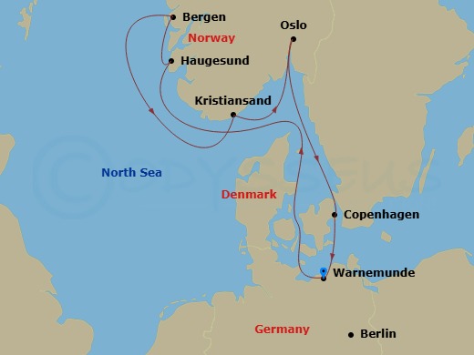 7 Night - Northern Europe - MSC Splendida - Starting in Warnemunde (Berlin), Germany, Haugesund, Norway, Bergen, Norway, Kristiansand, Norway, Oslo, Norway, Copenhagen, Denmark, Warnemunde (Berlin), Germany itinerary map