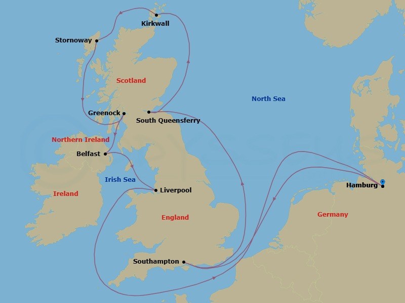 12 Night - Northern Europe - MSC Preziosa - Starting in Hamburg, Germany, Southampton (London), United Kingdom, South Queensferry (Edinburgh), United Kingdom, Kirkwall (Orkney Islands), United Kingdom, Stornoway, United Kingdom, Greenock (Glasgow), United Kingdom, Belfast, United Kingdom, Liverpool, United Kingdom, Hamburg, Germany itinerary map