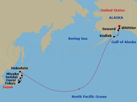 18 Night - Alaska Explorer Cruisetour : Denali, Talkeetna, Riverboat & Rail - Azamara Pursuit Tours - Starting in Tokyo, Oarai, Sendai, Miyagi, Miyako, Iwate, Hakodate, Kodiak, Alaska, Seward, Alaska, Whittier, Alaska itinerary map