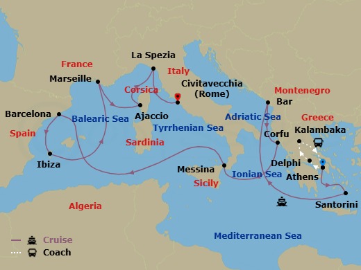 18 Night - Best of Greece - Tour 5B - Sun Princess Tours - Starting in Athens (Piraeus), Greece, Delphi, Greece, Kalambaka, Greece, Athens (Piraeus), Greece, Santorini, Greece, Montenegro, Corfu, Greece, Sicily (Messina), Italy, Barcelona, Spain, Ibiza, Spain, Marseille (Provence), France, Corsica (Ajaccio), France, La Spezia (for Florence / Pisa), Italy, Civitavecchia (for Rome), Italy itinerary map