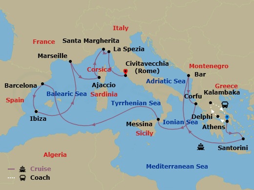 18 Night - Best of Greece - Tour 5B - Sun Princess Tours - Starting in Athens (Piraeus), Greece, Delphi, Greece, Kalambaka, Greece, Athens (Piraeus), Greece, Santorini, Greece, Montenegro, Corfu, Greece, Sicily (Messina), Italy, Barcelona, Spain, Ibiza, Spain, Marseille (Provence), France, Corsica (Ajaccio), France, Santa Margherita, Italy, La Spezia (for Florence / Pisa), Italy, Civitavecchia (for Rome), Italy itinerary map