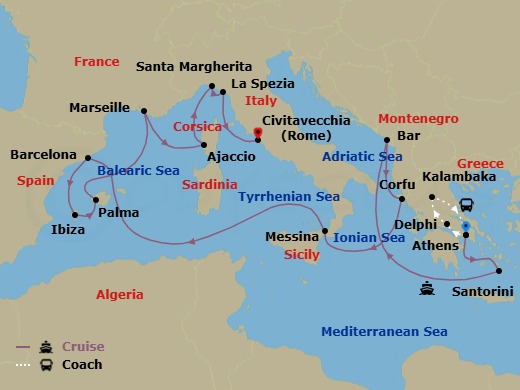 18 Night - Best of Greece - Tour 5B - Sun Princess Tours - Starting in Athens (Piraeus), Greece, Delphi, Greece, Kalambaka, Greece, Athens (Piraeus), Greece, Santorini, Greece, Montenegro, Corfu, Greece, Sicily (Messina), Italy, Barcelona, Spain, Ibiza, Spain, Mallorca (Palma), Spain, Marseille (Provence), France, Corsica (Ajaccio), France, Santa Margherita, Italy, La Spezia (for Florence / Pisa), Italy, Civitavecchia (for Rome), Italy itinerary map