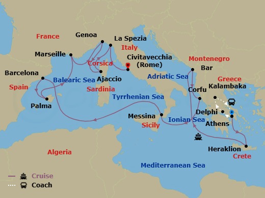 18 Night - Best of Greece - Tour 5B - Sun Princess Tours - Starting in Athens (Piraeus), Greece, Delphi, Greece, Kalambaka, Greece, Athens (Piraeus), Greece, Crete (Heraklion), Greece, Montenegro, Corfu, Greece, Sicily (Messina), Italy, Barcelona, Spain, Mallorca (Palma), Spain, Marseille (Provence), France, Genoa (for Cinque Terre), Italy, Corsica (Ajaccio), France, La Spezia (for Florence / Pisa), Italy, Civitavecchia (for Rome), Italy itinerary map