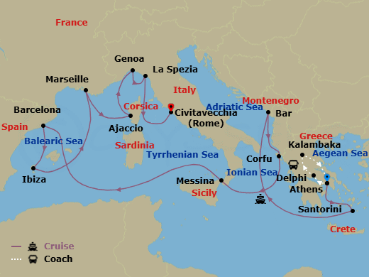 18 Night - Best of Greece - Tour 5G - Sun Princess Tours - Starting in Athens (Piraeus), Greece, Delphi, Greece, Kalambaka, Greece, Athens (Piraeus), Greece, Santorini, Greece, Montenegro, Corfu, Greece, Sicily (Messina), Italy, Barcelona, Spain, Marseille (Provence), France, Corsica (Ajaccio), France, Genoa (for Cinque Terre), Italy, La Spezia (for Florence / Pisa), Italy, Civitavecchia (for Rome), Italy itinerary map