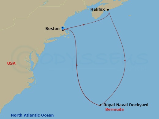 9 Night - Boston Hampton Inn Pre Cruisetour Package - Norwegian Breakaway Tours - Starting in At Hotel, Boston, Ma, Halifax, Canada, Royal Naval Dockyard, Bermuda, Boston, Ma itinerary map