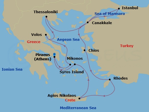 12 Night - Greece & Turkey Cruise : Thessaloniki, Istanbul & Rhodes - Azamara Onward - Starting in Athens (Piraeus), Syros, Volos, Thessaloniki, Istanbul, Canakkale (Kepez), Chios, Rhodes, Agios Nikolaos, (Crete), Mykonos, Athens (Piraeus) itinerary map