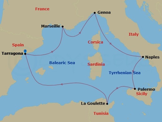 7 Night - Mediterranean - MSC Euribia - Starting in Tarragona, Spain, Marseille (Provence), France, Genoa (Portofino), Italy, Naples (Pompeii), Italy, Palermo (Monreale), Italy, La Goulette, Tunisia, Tarragona, Spain itinerary map
