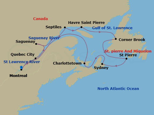 12 Night - Montreal to Montreal - Silver Shadow - Starting in Montreal, Quebec City, Saguenay, Quebec, Sept-iles, Quebec, Havre St Pierre, Quebec, Corner Brook, Newfoundland, St Pierre, Sydney NS, Nova Scotia, Charlottetown, Prince Edward Island, Montreal itinerary map