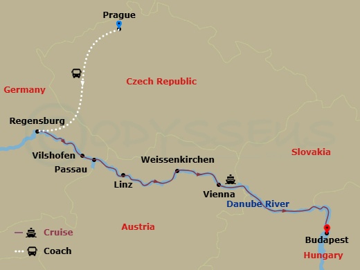 10 Night - Romantic Danube with Prague Pre-Cruise - AmaReina Tours - Starting in Prague, Regensburg, Vilshofen, Passau, Linz, Weissenkirchen, Vienna, Budapest itinerary map