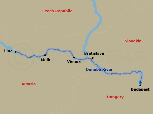 9 Night - Best of the Danube with Budapest Pre-Cruise - AmaVerde Tours - Starting in Budapest, Bratislava, Melk, Linz, Vienna, Budapest itinerary map