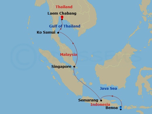 9 Night - Asia and Asia Pacific from Benoa to Laem Chabang - Crystal Serenity - Starting in Bali, Semarang (Gateway for Borobudur), Singapore, Koh Samui, Laem Chabang itinerary map