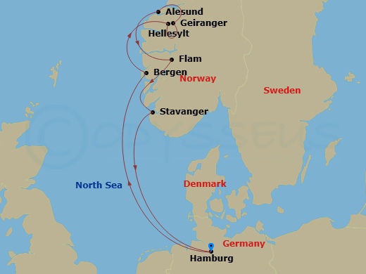 8 Night - North Europe from Hamburg - Costa Favolosa - Starting in Hamburg, Bergen, Hellesylt Tech Call, Geiranger, Norway, Alesund, Flam, Norway, Stavanger, Hamburg itinerary map