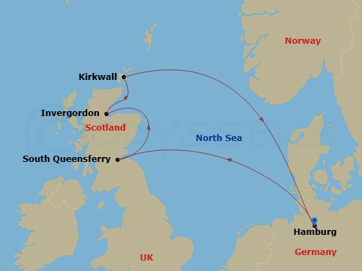 7 Night - North Europe from Hamburg - Costa Favolosa - Starting in Hamburg, South Queensferry, UK, Invergordon, United Kingdom, Kirkwall, Hamburg itinerary map