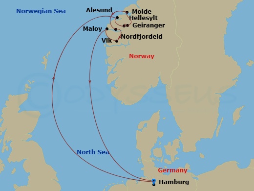 9 Night - North Europe from Hamburg - Costa Favolosa - Starting in Hamburg, Alesund, Hellesylt Tech Call, Geiranger, Norway, Molde, Nordfjordeid, Vik-sogn, Maloy, Hamburg itinerary map