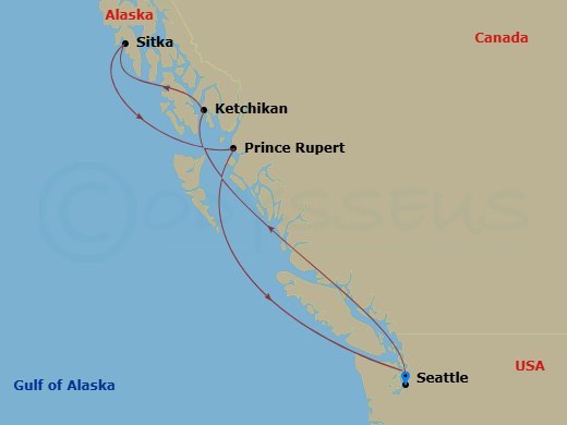 7 Night - Alaska : Inside Passage & Glacial Fjords - Brilliant Lady - Starting in Seattle, Washington, Inside Passage (Cruising), Ketchikan, Alaska, Sitka, Alaska, Endicott Arm and Dawes Glacier (Cruising), Prince Rupert, Canada, Seattle, Washington itinerary map