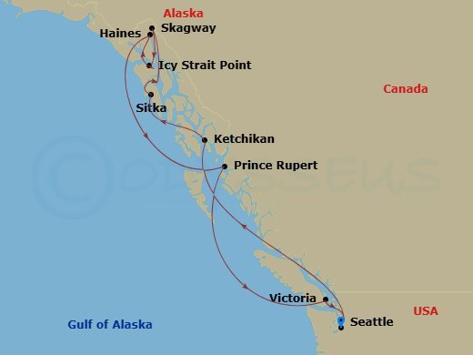 12 Night - Alaska : Inside Passage & Hubbard Glacier - Brilliant Lady - Starting in Seattle, Washington, Inside Passage (Cruising), Ketchikan, Alaska, Sitka, Alaska, Hubbard Glacier (Cruising), Skagway, Alaska, Icy Strait Point, Alaska, Haines, Alaska, Prince Rupert, Canada, Victoria CA, Canada, Seattle, Washington itinerary map