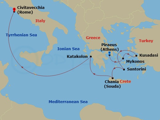 7 Night - Best of Greece Cruise - Brilliance of the Seas - Starting in Athens (Piraeus), Greece, Mykonos, Greece, Ephesus (Kusadasi), Turkey, Santorini, Greece, Chania (Souda), Crete, Greece, Olympia (Katakolon), Greece, Rome (Civitavecchia), Italy itinerary map