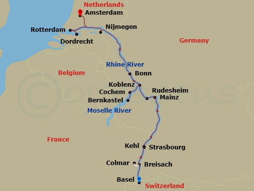 10 Night - Rhine Castles & Moselle Vineyards - Emerald Sun - Starting in Basel (Breisach) Embarkation, Breisach / Colmar, Kehl / Strasbourg, Mainz / Rudesheim, Rudesheim, Bernkastel, Cochem / Koblenz, Koblenz / Bonn, Nijmegen, Dordrecht / Rotterdam, Amsterdam itinerary map