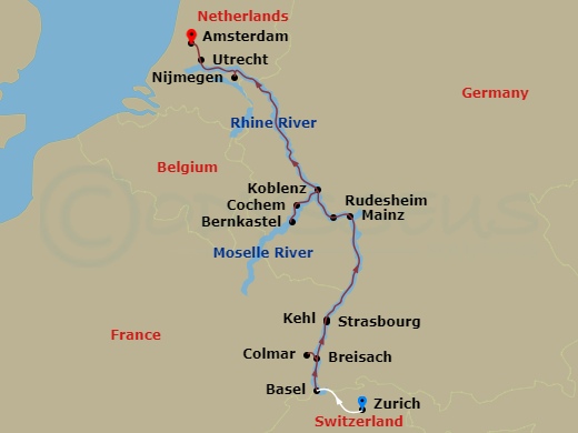 10 Night - Rhine Castles & Moselle Vineyards - Emerald Sun - Starting in Zurich / Basel (Breisach) Embarkation, Breisach / Colmar, Kehl / Strasbourg, Mainz / Rudesheim, Rudesheim, Bernkastel, Cochem / Koblenz, Koblenz / Bonn, Nijmegen, Dordrecht / Rotterdam, Amsterdam itinerary map