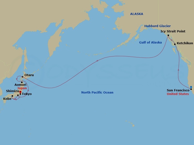 18 Night - Journeys - Alaska & Japan Transpa - Carnival Luminosa - Starting in San Francisco, Ca, Ketchikan, AK, Icy Strait Point, Ak, Cruise Hubbard Glacier, Cross International Dateline, Otaru (Sapporo), Japan, Aomori, Japan, Shimizu (Mount Fuji), Japan, Kobe (Kyoto), Japan itinerary map
