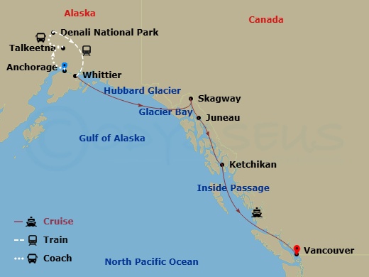 10 Night - Classic Denali D9l - Tour D9l - Nieuw Amsterdam Tours - Starting in Anchorage, Alaska, Talkeetna, Denali National Park, Whittier, Alaska, Cruising Hubbard Glacier, Glacier Bay, Skagway, Alaska, Juneau, Alaska, Ketchikan, Alaska, Scenic Cruising the Inside Passage, Vancouver, BC, CA itinerary map