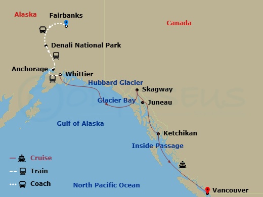 11 Night - Signature Denali D5l - Tour D5l - Nieuw Amsterdam Tours - Starting in Fairbanks, Denali National Park, Anchorage, Alaska, Whittier, Alaska, Cruising Hubbard Glacier, Glacier Bay, Skagway, Alaska, Juneau, Alaska, Ketchikan, Alaska, Scenic Cruising the Inside Passage, Vancouver, BC, CA itinerary map