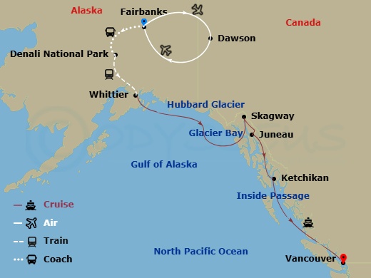 13 Night - Denali & Yukon Y7l - Tour Y7l - Nieuw Amsterdam Tours - Starting in Fairbanks, Dawson City, Denali National Park, Whittier, Alaska, Cruising Hubbard Glacier, Glacier Bay, Skagway, Alaska, Juneau, Alaska, Ketchikan, Alaska, Scenic Cruising the Inside Passage, Vancouver, BC, CA itinerary map