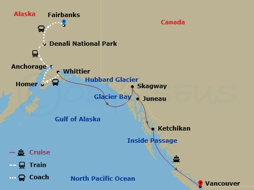 14 Night - Ultimate Denali Dhl - Tour Dhl - Nieuw Amsterdam Tours - Starting in Fairbanks, Denali National Park, Anchorage, Alaska, Homer, Alaska, Whittier, Alaska, Cruising Hubbard Glacier, Glacier Bay, Skagway, Alaska, Juneau, Alaska, Ketchikan, Alaska, Scenic Cruising the Inside Passage, Vancouver, BC, CA itinerary map
