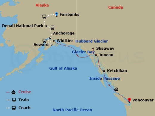 14 Night - Ultimate Denali D3l - Tour D3l - Nieuw Amsterdam Tours - Starting in Fairbanks, Denali National Park, Anchorage, Alaska, Seward, Whittier, Alaska, Cruising Hubbard Glacier, Glacier Bay, Skagway, Alaska, Juneau, Alaska, Ketchikan, Alaska, Scenic Cruising the Inside Passage, Vancouver, BC, CA itinerary map
