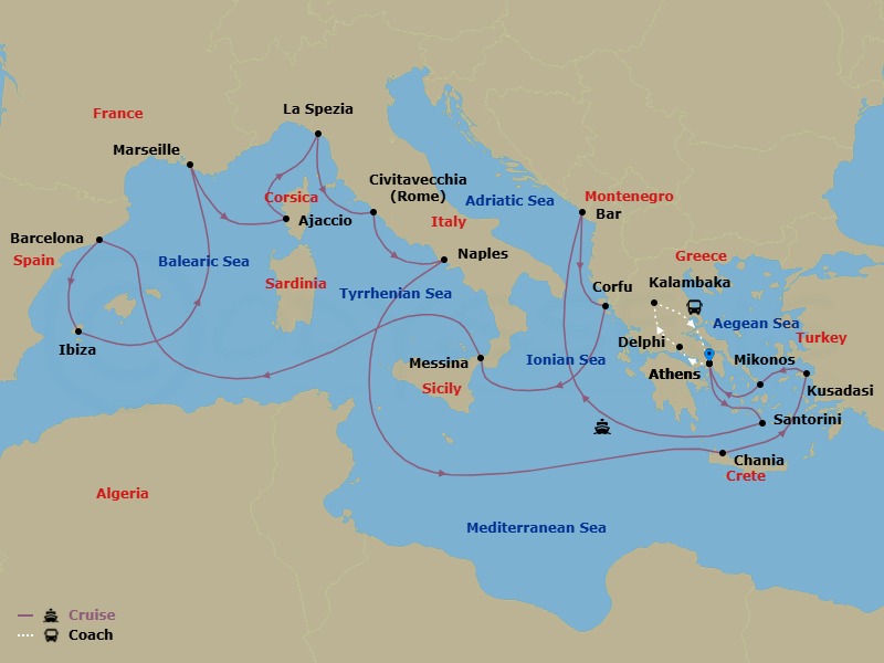 25 Night - Best of Greece - Tour 5C - Sun Princess Tours - Starting in Athens (Piraeus), Greece, Delphi, Greece, Kalambaka, Greece, Athens (Piraeus), Greece, Santorini, Greece, Montenegro, Corfu, Greece, Sicily (Messina), Italy, Barcelona, Spain, Ibiza, Spain, Marseille (Provence), France, Corsica (Ajaccio), France, La Spezia (for Florence / Pisa), Italy, Civitavecchia (for Rome), Italy, Naples, Italy (for Capri and Pompeii), Crete (Chania), Greece, Kusadasi, Turkey (for Ephesus), Mykonos, Greece, Athens (Piraeus), Greece itinerary map
