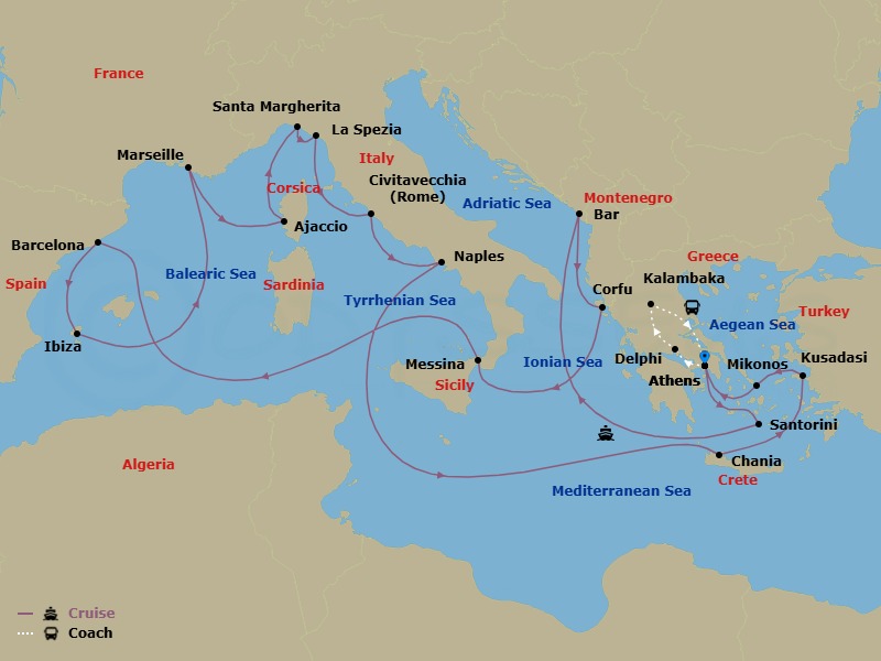 25 Night - Best of Greece - Tour 5C - Sun Princess Tours - Starting in Athens (Piraeus), Greece, Delphi, Greece, Kalambaka, Greece, Athens (Piraeus), Greece, Santorini, Greece, Montenegro, Corfu, Greece, Sicily (Messina), Italy, Barcelona, Spain, Ibiza, Spain, Marseille (Provence), France, Corsica (Ajaccio), France, Santa Margherita, Italy, La Spezia (for Florence / Pisa), Italy, Civitavecchia (for Rome), Italy, Naples, Italy (for Capri and Pompeii), Crete (Chania), Greece, Kusadasi, Turkey (for Ephesus), Mykonos, Greece, Athens (Piraeus), Greece itinerary map