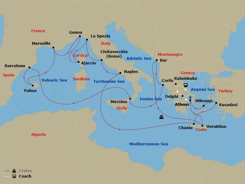 25 Night - Best of Greece - Tour 5C - Sun Princess Tours - Starting in Athens (Piraeus), Greece, Delphi, Greece, Kalambaka, Greece, Athens (Piraeus), Greece, Crete (Heraklion), Greece, Montenegro, Corfu, Greece, Sicily (Messina), Italy, Barcelona, Spain, Mallorca (Palma), Spain, Marseille (Provence), France, Genoa (for Cinque Terre), Italy, Corsica (Ajaccio), France, La Spezia (for Florence / Pisa), Italy, Civitavecchia (for Rome), Italy, Naples, Italy (for Capri and Pompeii), Crete (Chania), Greece, Kusadasi, Turkey (for Ephesus), Mykonos, Greece, Athens (Piraeus), Greece itinerary map