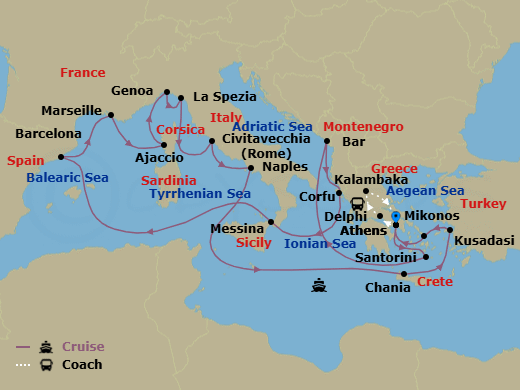 25 Night - Best of Greece - Tour 5C - Sun Princess Tours - Starting in Athens (Piraeus), Greece, Delphi, Greece, Kalambaka, Greece, Athens (Piraeus), Greece, Santorini, Greece, Montenegro, Corfu, Greece, Sicily (Messina), Italy, Barcelona, Spain, Marseille (Provence), France, Corsica (Ajaccio), France, Genoa (for Cinque Terre), Italy, La Spezia (for Florence / Pisa), Italy, Civitavecchia (for Rome), Italy, Naples, Italy (for Capri and Pompeii), Crete (Chania), Greece, Kusadasi, Turkey (for Ephesus), Mykonos, Greece, Athens (Piraeus), Greece itinerary map