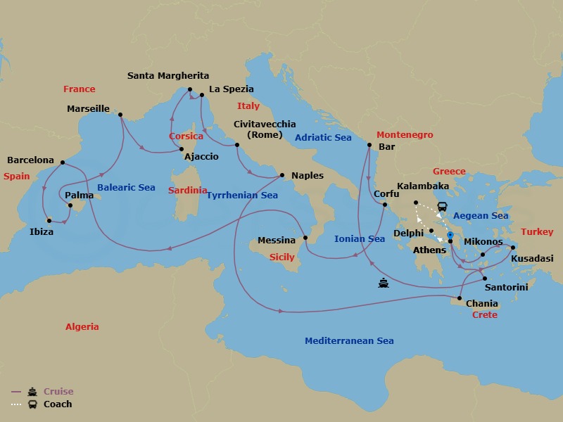 25 Night - Best of Greece - Tour 5C - Sun Princess Tours - Starting in Athens (Piraeus), Greece, Delphi, Greece, Kalambaka, Greece, Athens (Piraeus), Greece, Santorini, Greece, Montenegro, Corfu, Greece, Sicily (Messina), Italy, Barcelona, Spain, Ibiza, Spain, Mallorca (Palma), Spain, Marseille (Provence), France, Corsica (Ajaccio), France, Santa Margherita, Italy, La Spezia (for Florence / Pisa), Italy, Civitavecchia (for Rome), Italy, Naples, Italy (for Capri and Pompeii), Crete (Chania), Greece, Kusadasi, Turkey (for Ephesus), Mykonos, Greece, Athens (Piraeus), Greece itinerary map