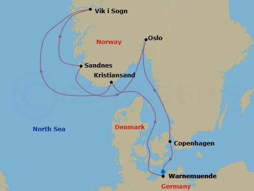 7 Night - Northern Europe - MSC Splendida - Starting in Warnemunde (Berlin), Germany, Kristiansand, Norway, Vik I Sogn, Norway, Sandnes, Norway, Oslo, Norway, Copenhagen, Denmark, Warnemunde (Berlin), Germany itinerary map