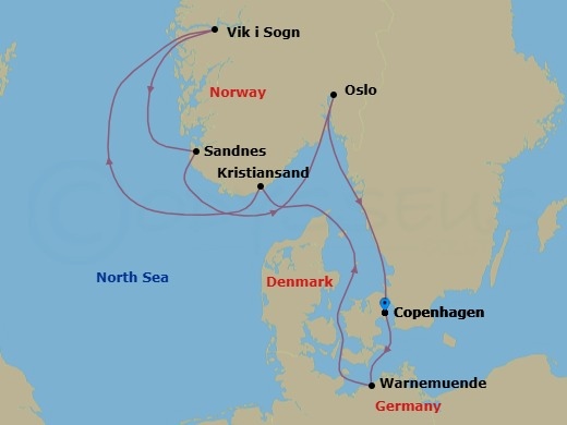 7 Night - Northern Europe - MSC Splendida - Starting in Copenhagen, Denmark, Warnemunde (Berlin), Germany, Kristiansand, Norway, Vik I Sogn, Norway, Sandnes, Norway, Oslo, Norway, Copenhagen, Denmark itinerary map