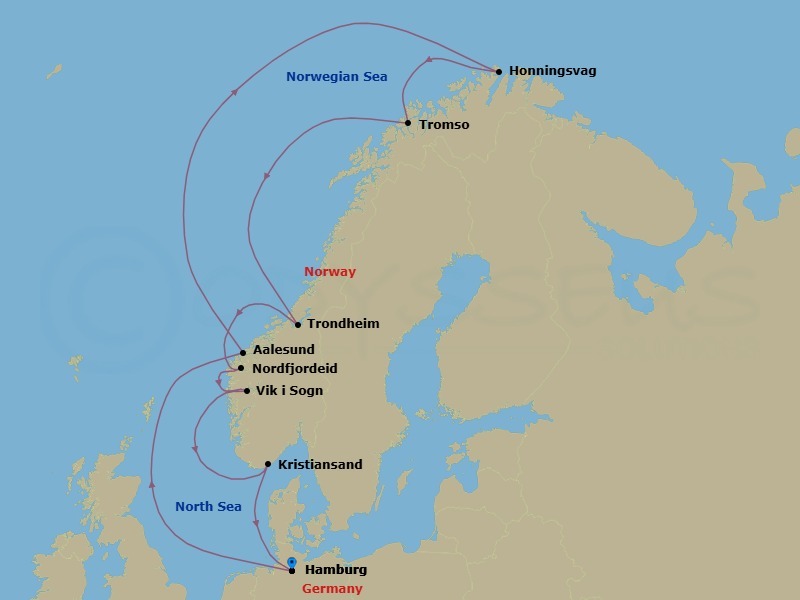 12 Night - Northern Europe - MSC Preziosa - Starting in Hamburg, Germany, Alesund, Norway, Honningsvag (North Cape), Norway, Tromso, Norway, Trondheim, Norway, Nordfjordeid, Norway, Vik I Sogn, Norway, Kristiansand, Norway, Hamburg, Germany itinerary map