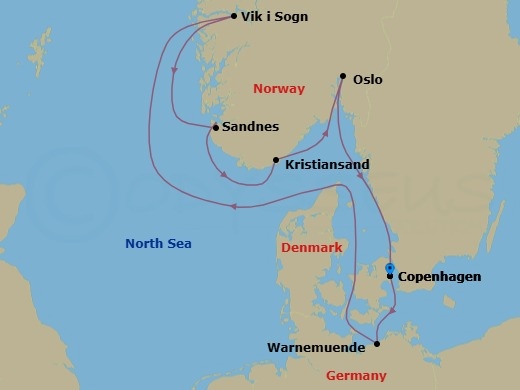 7 Night - Northern Europe - MSC Splendida - Starting in Copenhagen, Denmark, Warnemunde (Berlin), Germany, Vik I Sogn, Norway, Sandnes, Norway, Kristiansand, Norway, Oslo, Norway, Copenhagen, Denmark itinerary map