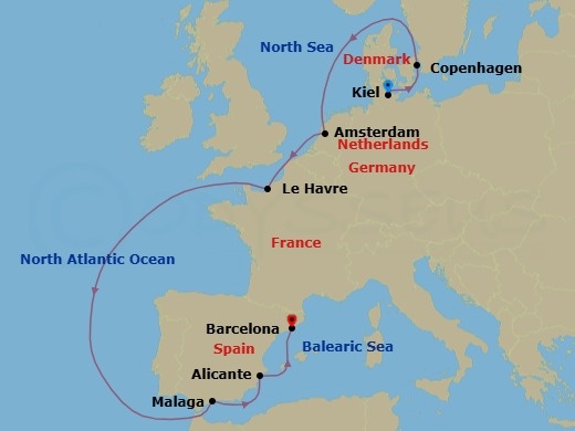 10 Night - Northern Europe - MSC Euribia - Starting in Kiel, Germany, Copenhagen, Denmark, Amsterdam, Netherlands, Le Havre (Paris), France, Malaga (Granada), Spain, Alicante, Spain, Barcelona, Spain itinerary map