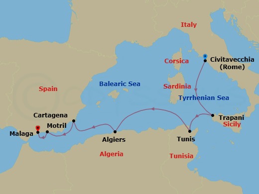 7 Night - Italy, Algeria & Spain Cruise : Trapani, Algiers & Granada - Azamara Onward - Starting in Rome (Civitavecchia), Trapani, Sicily, Tunis, Algiers, Cartagena ES, Granada (Motril), Malaga itinerary map