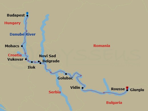 7 Night - Gems of Southeast Europe - AmaMagna - Starting in Budapest, Mohacs, Vukovar, Ilok, Novi Sad, Belgrade, Golubac, Vidin, Rousse, Giurgiu itinerary map