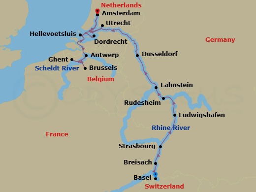 14 Night - Grand Rhine & Dutch Canals (Beer Cruise) - AmaFiora - Starting in Basel, Breisach, Strasbourg, Ludwigshafen, Rudesheim, Lahnstein, Dusseldorf, Amsterdam, Utrecht, Hellevoetsluis, Ghent, Brussels, Antwerp, Dordrecht, Amsterdam itinerary map