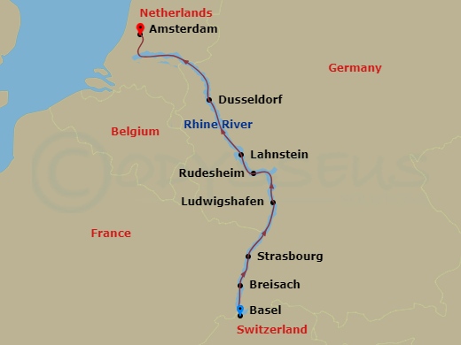 7 Night - Enchanting Rhine (Beer Cruise) - AmaFiora - Starting in Basel, Breisach, Strasbourg, Ludwigshafen, Rudesheim, Lahnstein, Dusseldorf, Amsterdam itinerary map